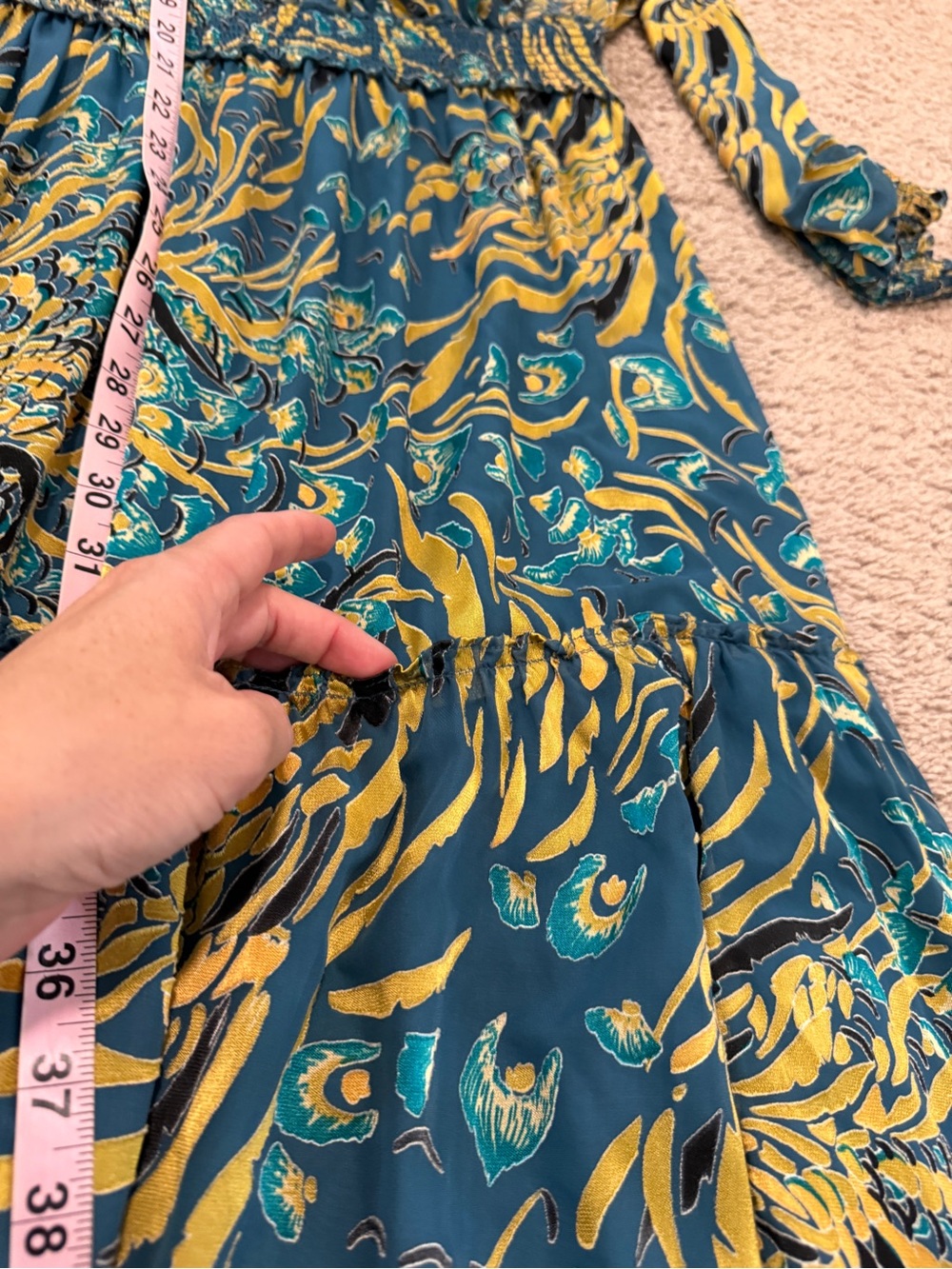White House Black Market Teal and Gold Long Sleeve Midi Dress - Picture 13 of 14
